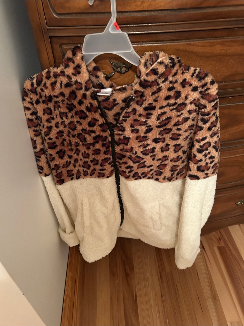 Girls' Leopard Sherpa Puffer Jacket with Cream Panel